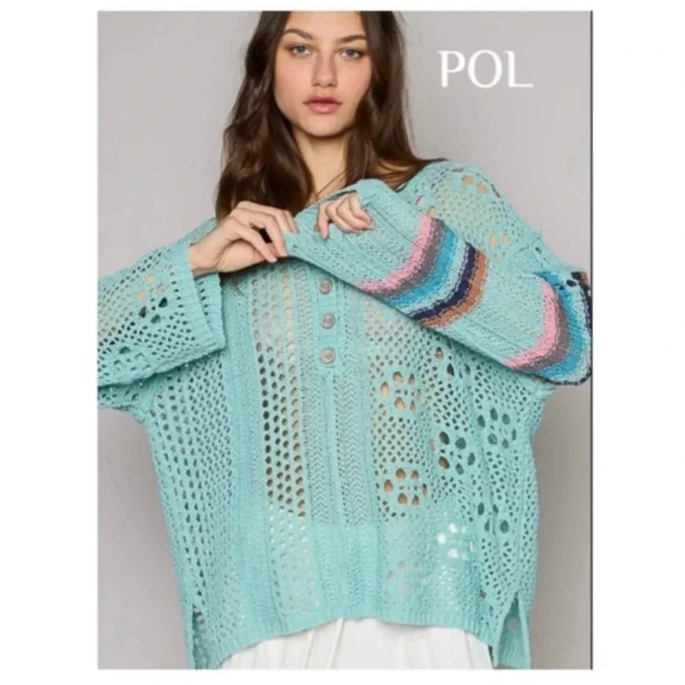 POL Aqua Crochet Knit Sweater | Boho Oversized Vintage Pullover Top